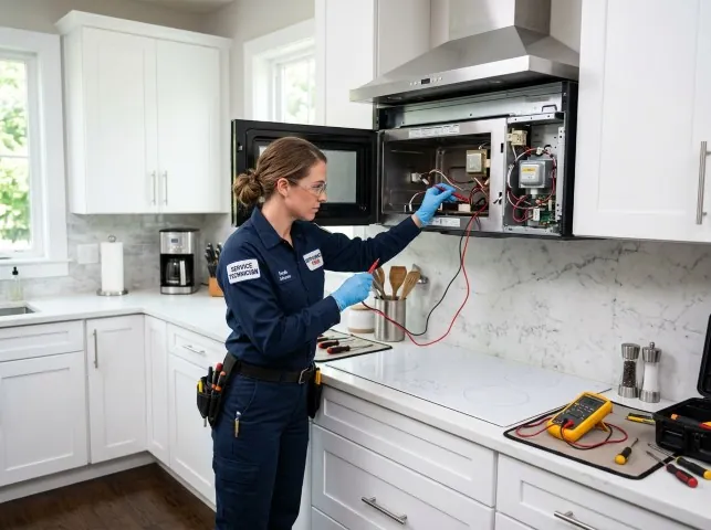 Appliance Repair Hero technician testing an over-the-range microwave in a Baltic, SD kitchen